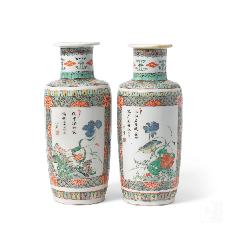 清康熙 五彩繪花鳥紋瓶一對 | A PAIR OF FAMILLE VERTE 'BIRD AND FLOWERS' ROULEAU VASES - 图6